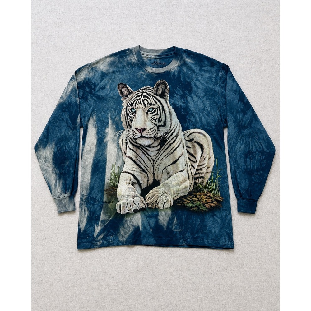 The Mountain White Tiger Shirt Men's L Green Tie Dye Long Sleeve 2009 Graphic